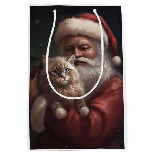 シベリア猫とサンタクロースフェスティバルクリスマス ミディアムペーパーバッグ (正面)