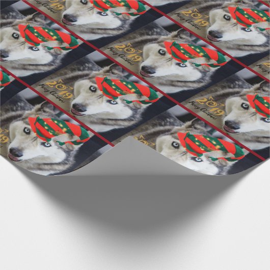シベリア素晴らしハスキーのサンタドッグのクリスマスクラップ ラッピングペーパー (角)