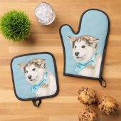 シベリア絵を描ハスキー犬アート 鍋つかみ&鍋敷きセット (トップダウン)