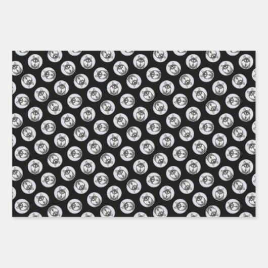 シベリア絵を描・ハスキーの白黒の犬アート ラッピングペーパーシート (正面3)