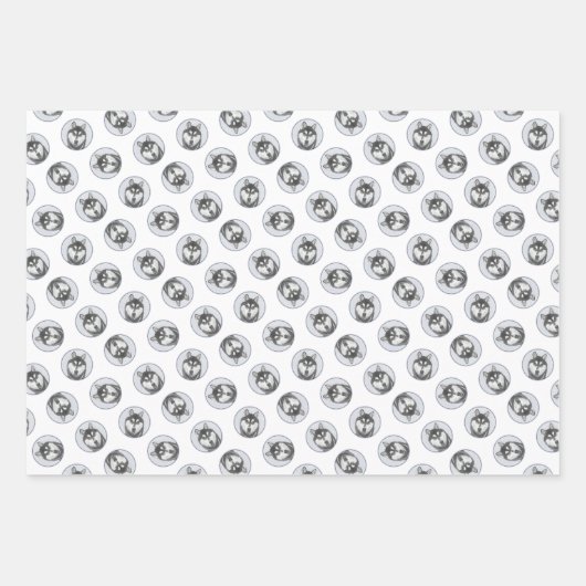 シベリア絵を描・ハスキーの白黒の犬アート ラッピングペーパーシート (正面2)