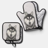 シベリア絵を描・ハスキーの白黒の犬アート 鍋つかみ&鍋敷きセット (正面/裏面)