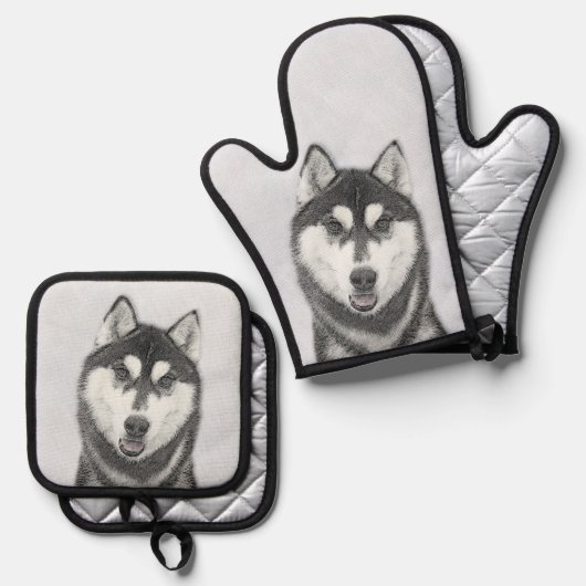 シベリア絵を描・ハスキーの白黒の犬アート 鍋つかみ&鍋敷きセット (正面/裏面)
