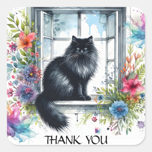 シベリア黒猫in窓夏花 スクエアシール (正面)