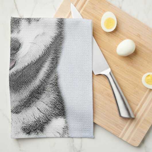 シベリア・ハスキー絵画の犬アート キッチンタオル (四つ折り)