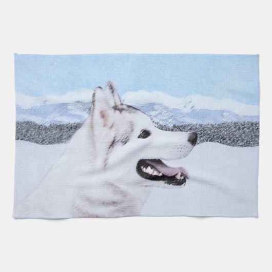 シベリア・ハスキー絵画の犬アート キッチンタオル (横)