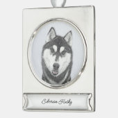 シベリア・ハスキー絵画の犬アート シルバープレートバナーオーナメント (左)