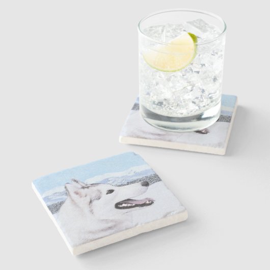 シベリア・ハスキー絵画の犬アート ストーンコースター (横)