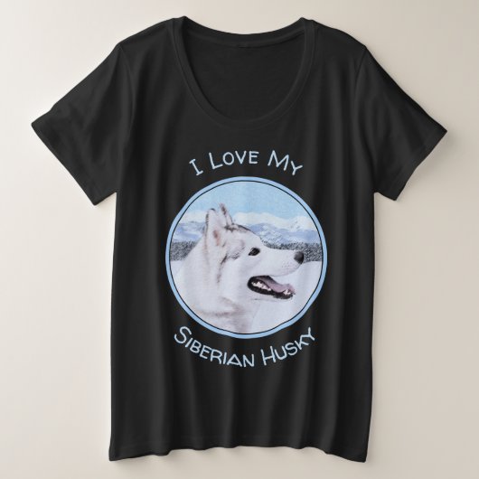 シベリア・ハスキー絵画の犬アート プラスサイズTシャツ (デザイン正面)