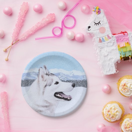 シベリア・ハスキー絵画の犬アート ペーパープレート (パーティー)