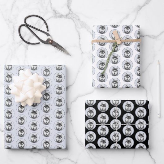 シベリア・ハスキー絵画の犬アート ラッピングペーパーシート (正面)