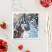 シベリア・ハスキー雪だるま スタンダードカクテルナプキン (インサイチュ)