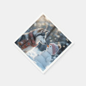 シベリア・ハスキー雪だるま スタンダードカクテルナプキン (角)