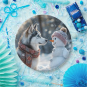 シベリア・ハスキー雪だるま ペーパープレート (パーティー)