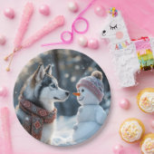 シベリア・ハスキー雪だるま ペーパープレート (パーティー)