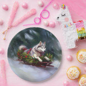 シベリア・ハスキー・クリスマスの雪の冬 ペーパープレート (パーティー)