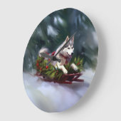 シベリア・ハスキー・クリスマスの雪の冬 ラージ壁時計 (傾斜)