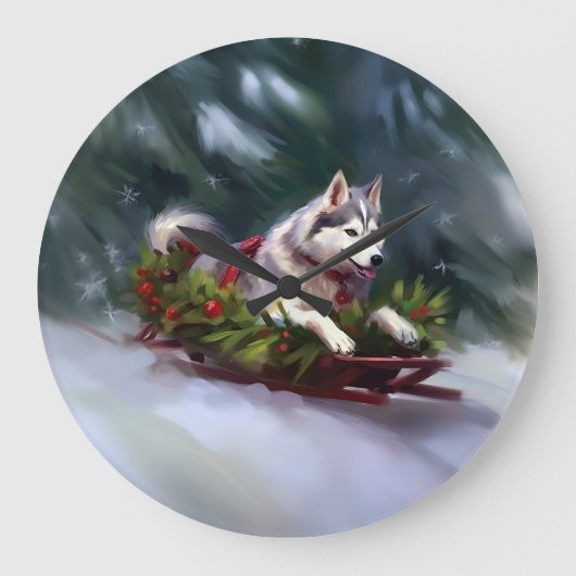 シベリア・ハスキー・クリスマスの雪の冬 ラージ壁時計 (正面)