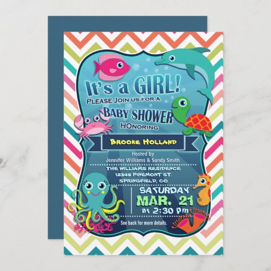 シボカラフルロン海の生活、女の子の赤ちゃんシャワー 招待状 (正面/裏面)