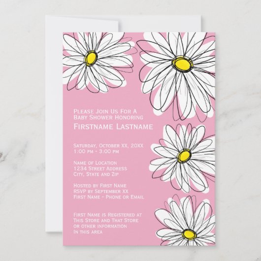 シボモダンロン柄とデイジーベビーガールシャワー 招待状 (正面)