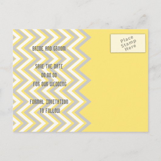 シボモダンロン灰色、黄色の結婚式の日付を保存 案内ポストカード (裏面)
