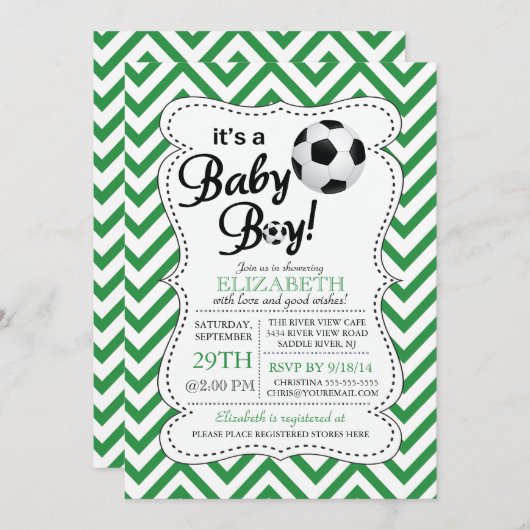 シボモダンロン男の赤ちゃんサッカーの赤ちゃんシャワー 招待状 (正面/裏面)