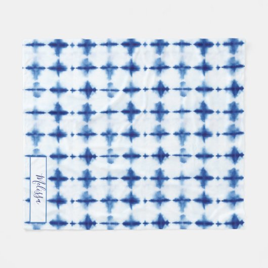 シボリエレガントブルーパターン名前をカスタムする フリースブランケット (正面(横))