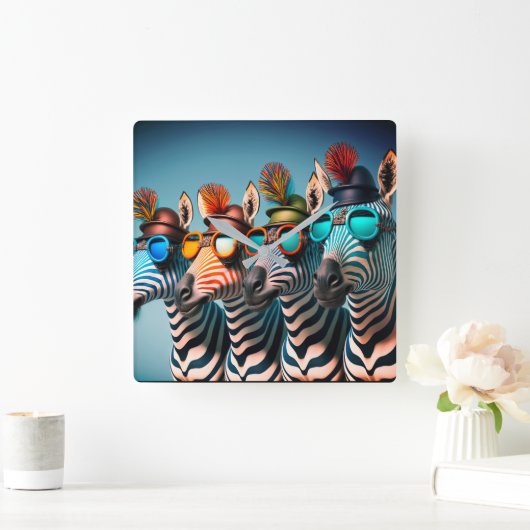 シマウマおもしろいカワイイ動物園の動物パーティー帽子メガネ スクエア壁時計 (ホーム)