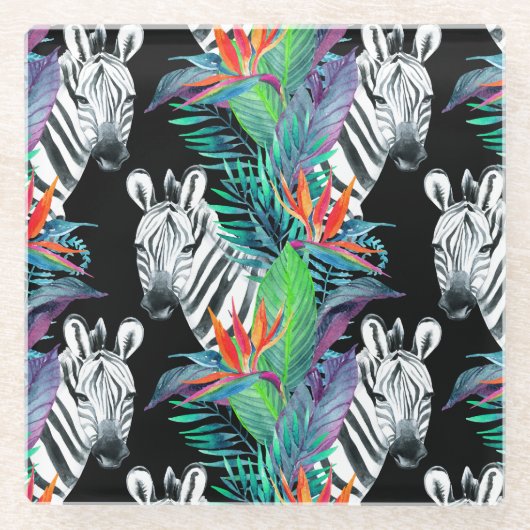 シマウマおよびエキゾチックな花模様2 ガラスコースター (正面)