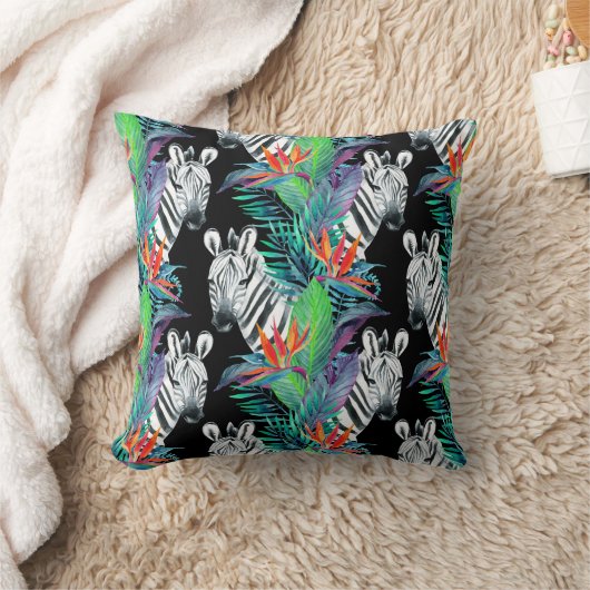 シマウマおよびエキゾチックな花模様 クッション (ブランケット)