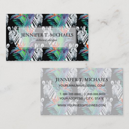 シマウマおよびエキゾチックな花模様 名刺 (正面/裏面)
