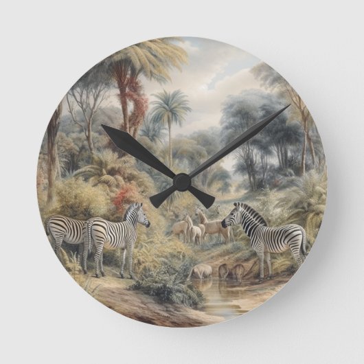 シマウマのオアシス植物園サファリホームデコアート ラウンド壁時計 (正面)