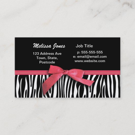 シマウマのストライプで、赤いリボンのグラフィック 名刺 (正面)
