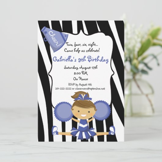 シマウマのストライプので青いチアリーダーの誕生日の招待 招待状 (スタンド正面)