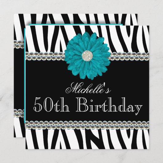 シマウマのティール(緑がかった色)のデイジーによって印刷される宝石の第50誕生日 招待状 (正面/裏面)