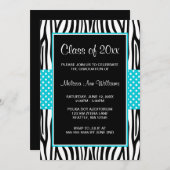 シマウマのティール(緑がかった色)の水玉模様の卒業の発表 招待状 (正面/裏面)