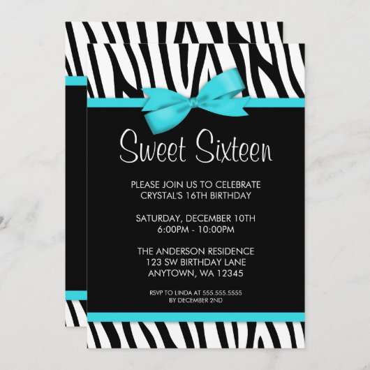 シマウマのティール(緑がかった色)の青によって印刷される弓菓子16の誕生日 招待状 (正面/裏面)