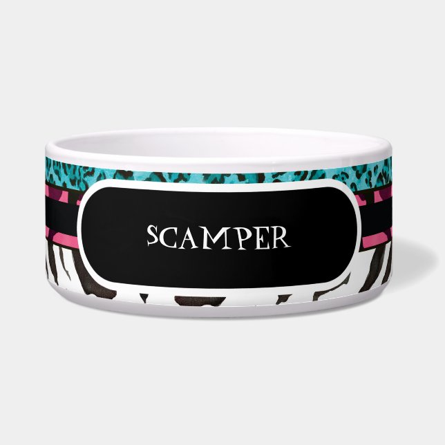 シマウマのヒョウのプリントの皿を食べ物を与える大きいドッグフード ボウル (正面)