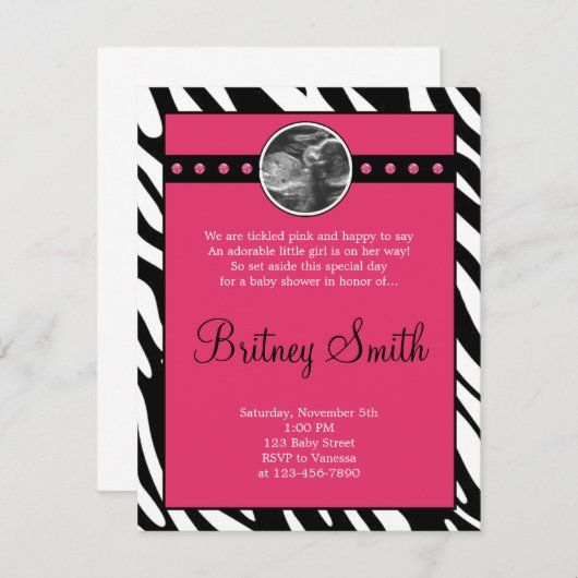 シマウマのピンクのエコー検査の写真のベビーシャワーの招待状 招待状 (正面/裏面)