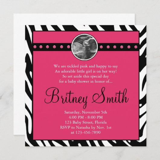 シマウマのピンクのエコー検査の写真のベビーシャワーの招待状 招待状 (正面/裏面)