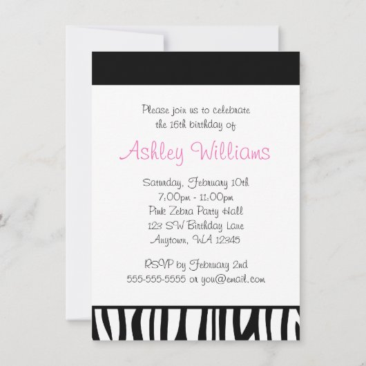 シマウマのピンクの弓ダイヤモンドの菓子16 招待状 (裏面)