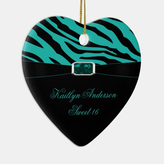 シマウマのプリントおよびティール(緑がかった色)の宝石の菓子16の記念品をやり直して下さい セラミックオーナメント (右)
