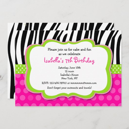 シマウマのプリントのショッキングピンクのBithdayのパーティの招待状 招待状 (正面/裏面)