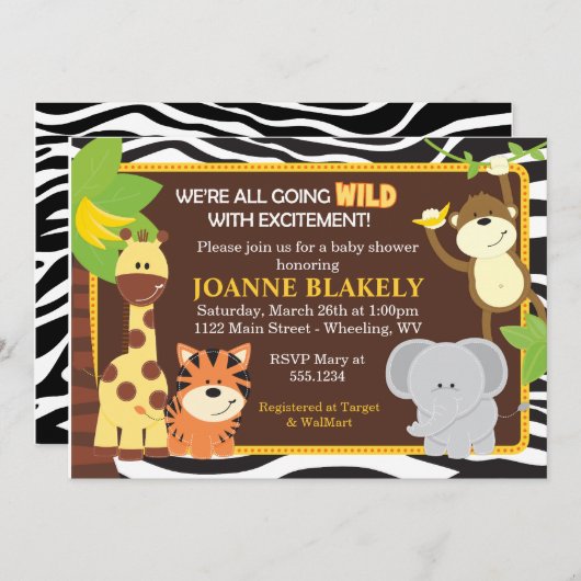 シマウマのプリントのジャングルサファリのベビーシャワーの招待状 招待状 (正面/裏面)
