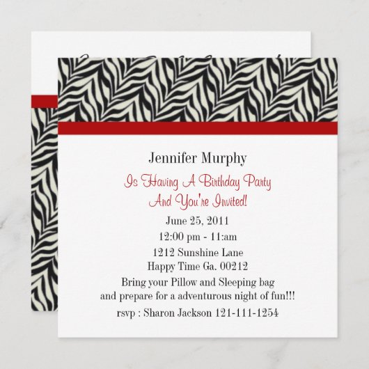 シマウマのプリントのバースデーパーティ招待状 招待状 (正面/裏面)