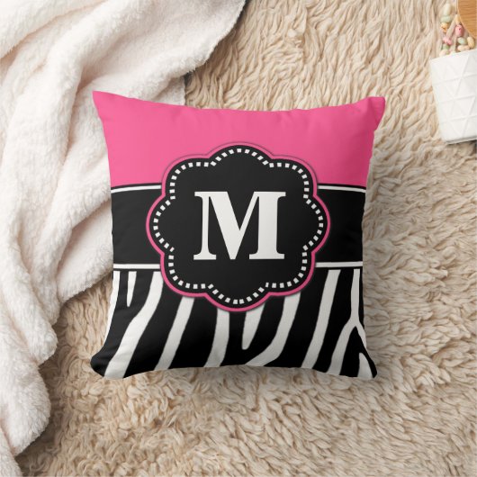 シマウマのプリントのピンクのモノグラムの枕 クッション (ブランケット)