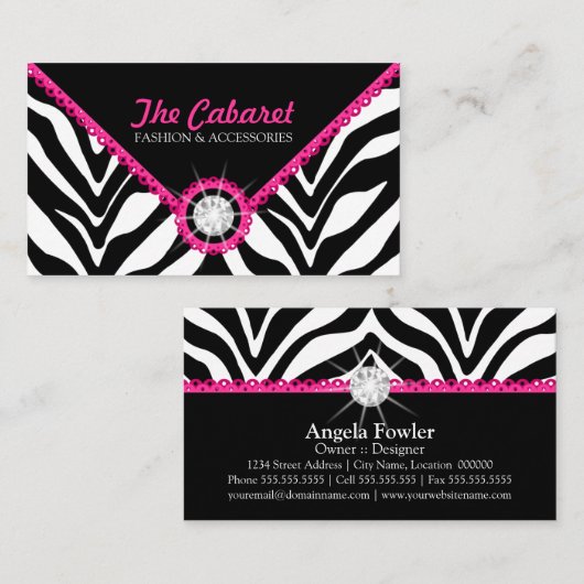 シマウマのプリントのピンクのレースおよびダイヤモンド 名刺 (正面/裏面)
