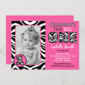 シマウマのプリントのピンクの女の子の最初誕生日 招待状 (正面/裏面)