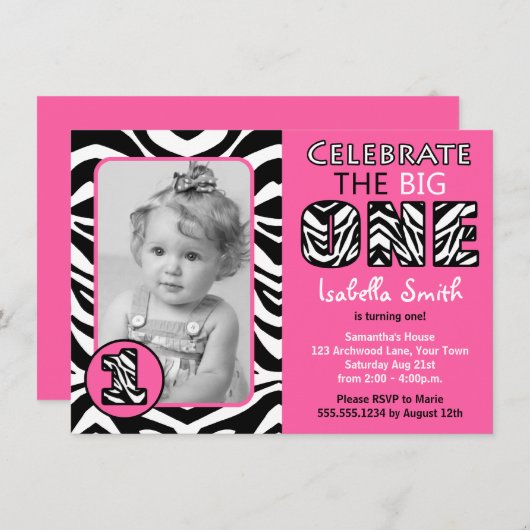 シマウマのプリントのピンクの女の子の最初誕生日 招待状 (正面/裏面)