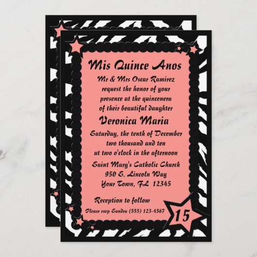 シマウマのプリントのピンクはQuinceneraの誕生日及び写真を主演します 招待状 (正面/裏面)